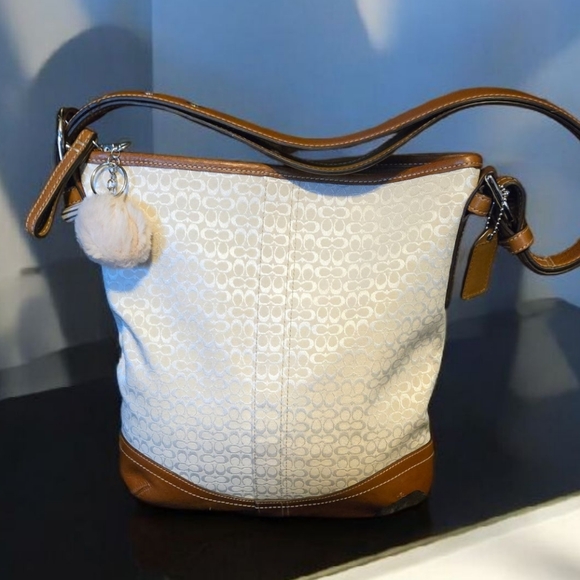 Coach Handbags - Coach Signature Cream and Brown Crossbody Bag #10944